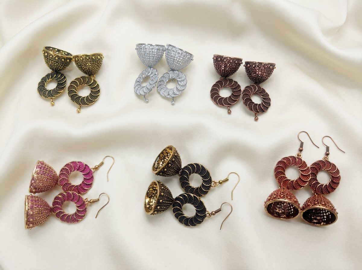 Bin Maqsood antique-style jhumka earrings in varied finishes.