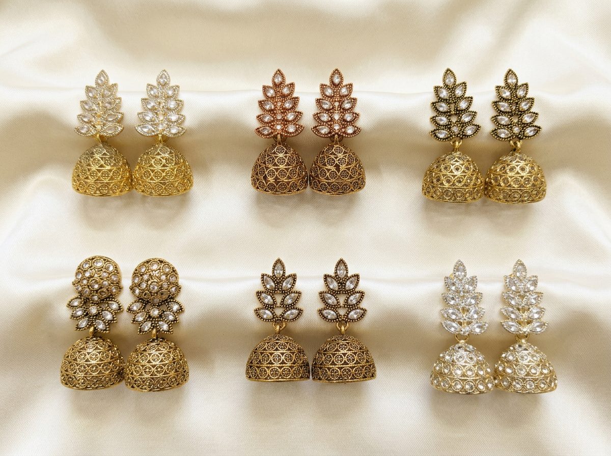 Bin Maqsood leaf-top jhumka earrings in metallic finishes.