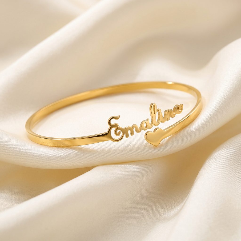 Bin Maqsood Emaline personalised heart bangle.