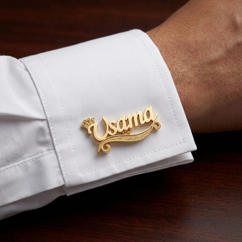 Bin Maqsood personalised Usama cuff accessory on a white shirt cuff.