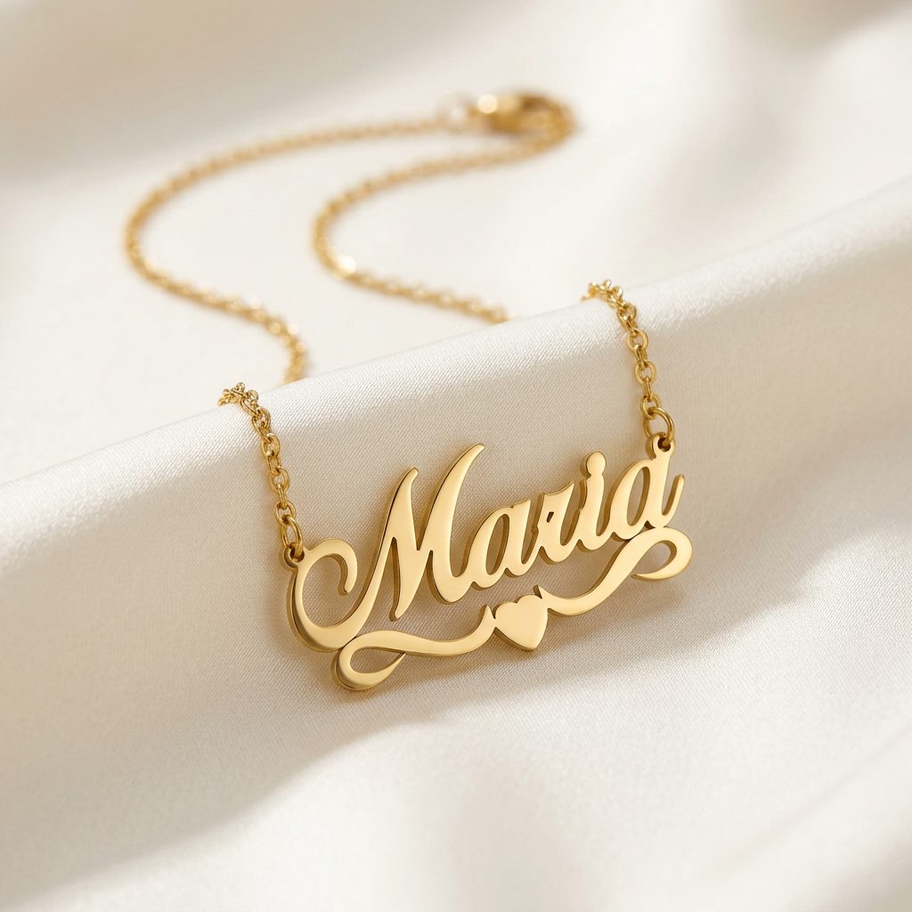 Bin Maqsood Maria script name necklace on soft ivory silk.