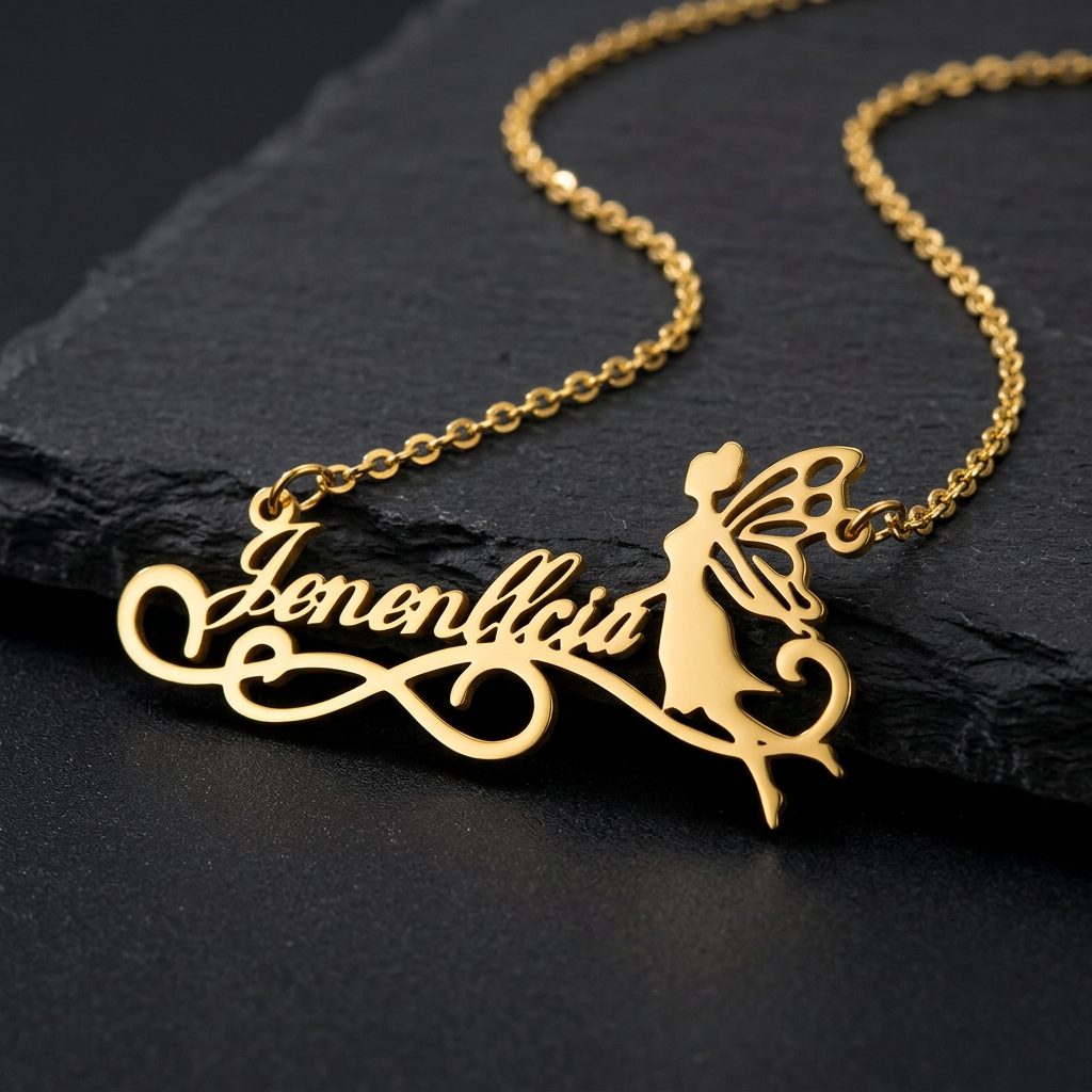 Bin Maqsood fairy motif personalised name necklace.