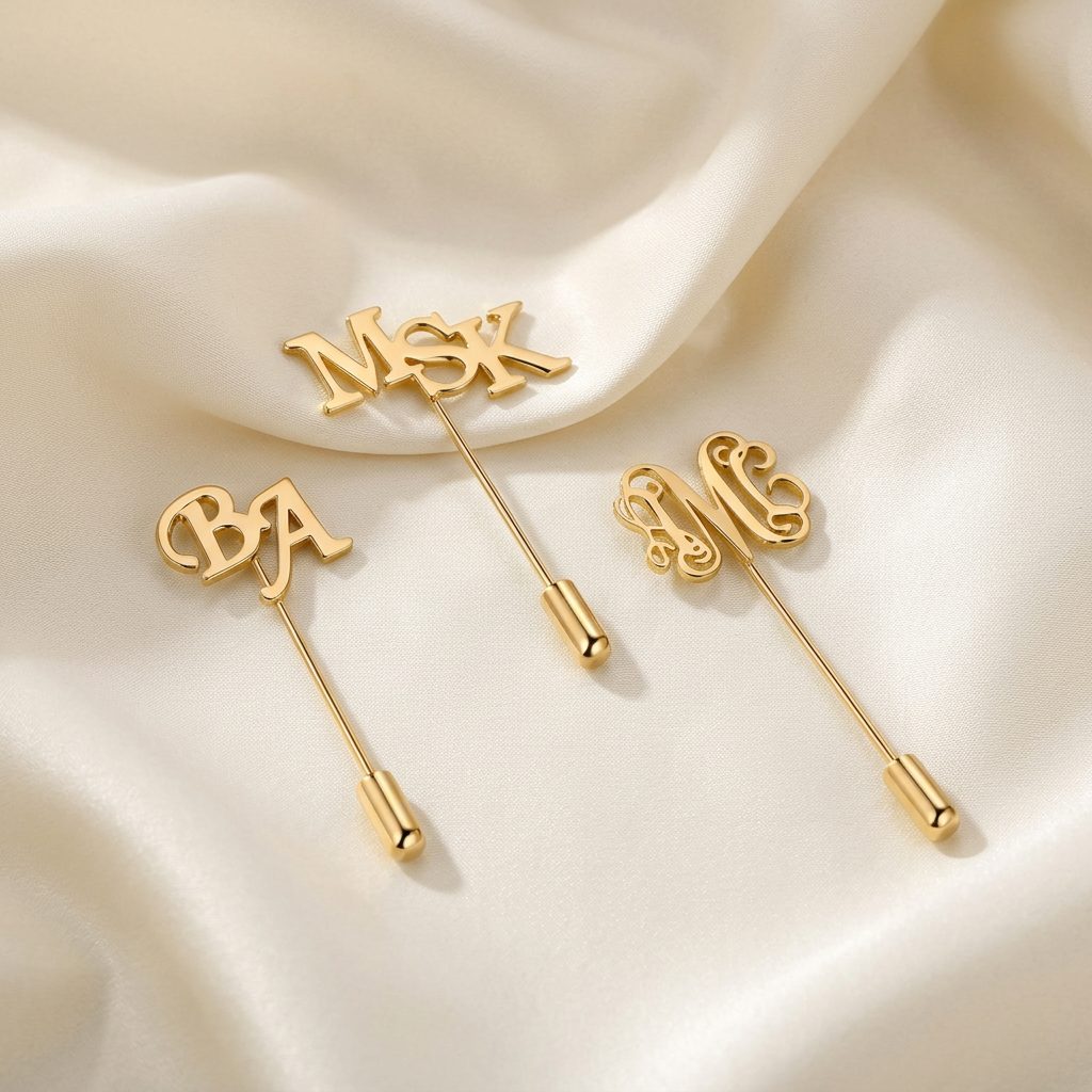 Bin Maqsood gold initial lapel pins on ivory silk.