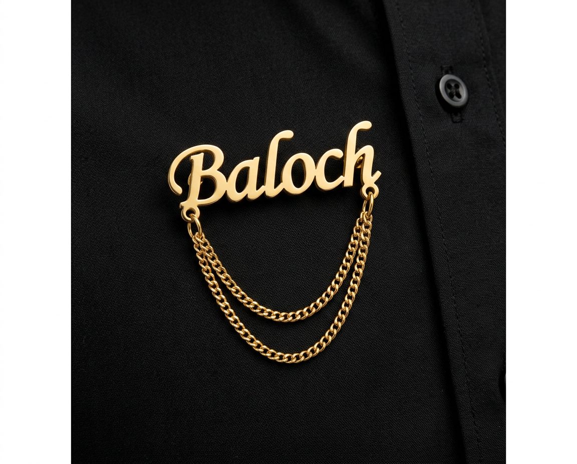 Bin Maqsood Baloch name lapel pin with double chain.