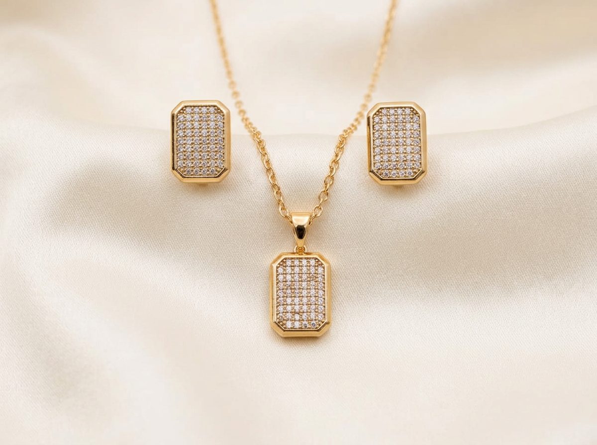 Bin Maqsood rectangular artificial jewellery pendant set with matching earrings.