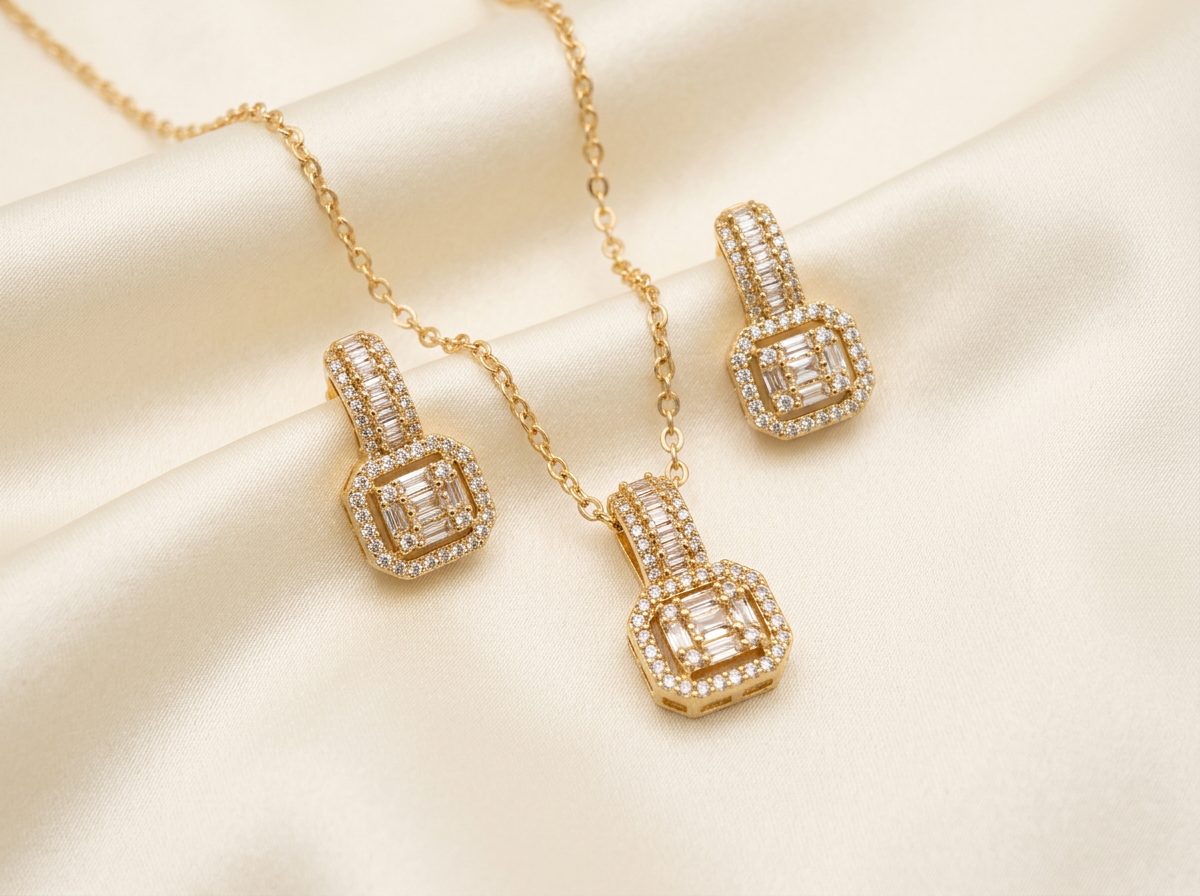 Bin Maqsood square baguette pendant set with matching earrings.
