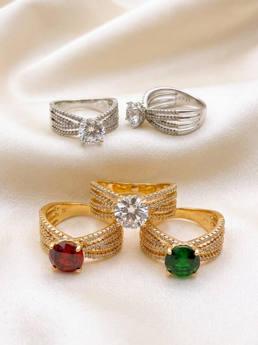 Bin Maqsood artificial rings with clear, ruby, and emerald-style stones.